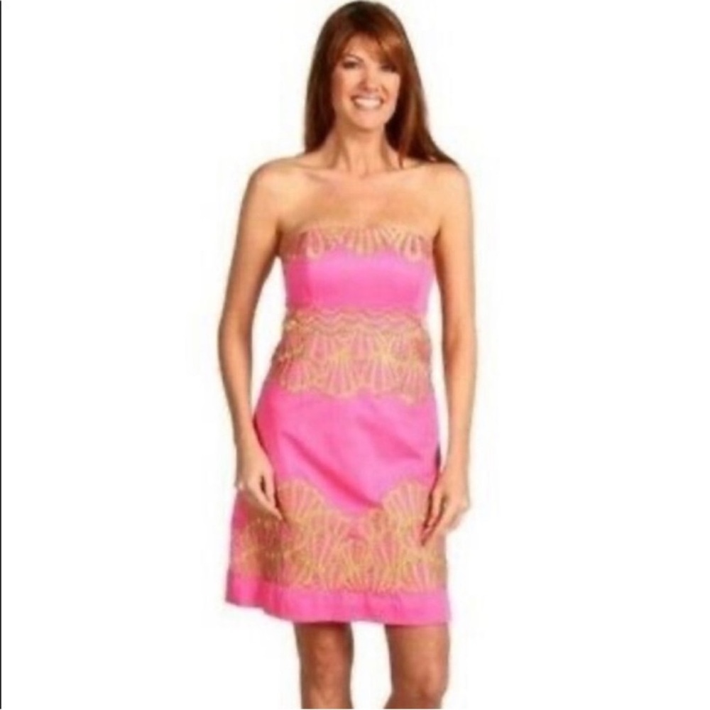 Lilly Pulitzer Vibrant Pink Strapless Dress with Gold Accents